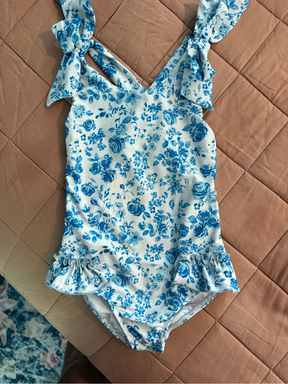 SweetHoney White and Blue Floral Girls One-Piece Swimsuit with Tied Straps